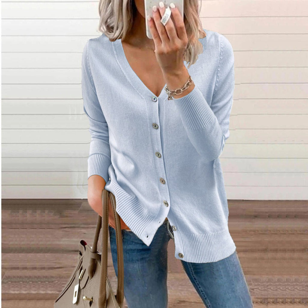 Women's Fine-Knit V-Neck Cardigan with Ribbed Cuffs, Sky Blue, view 11