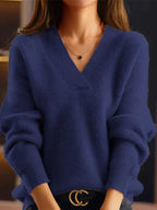 Women's Fine-Knit V-Neck Jumper with Ribbed Trim, Blue, view 3