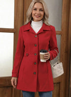 Women's Fitted A-Line Coat with Belted Waist Detail, Red, view 3