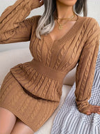 Women's Fitted Cable Knit Mini Dress with V-Neckline, view 5
