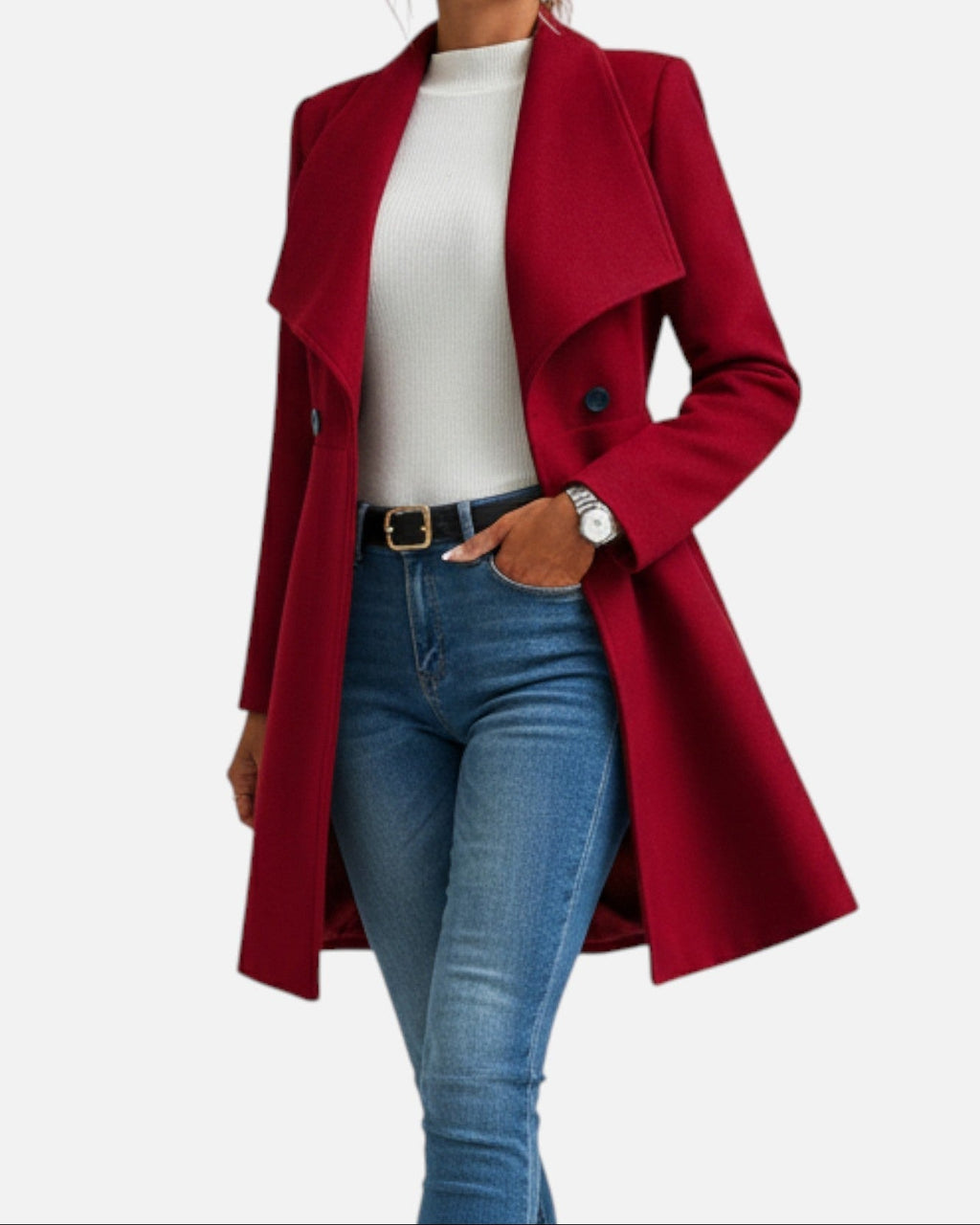 Women's Fitted Coat with Draped Collar and Flared Skirt, Red, view 1