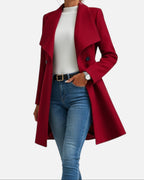 Women's Fitted Coat with Draped Collar and Flared Skirt, Red, view 1