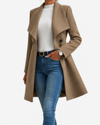 Women's Fitted Coat with Draped Collar and Flared Skirt, Brown, view 4
