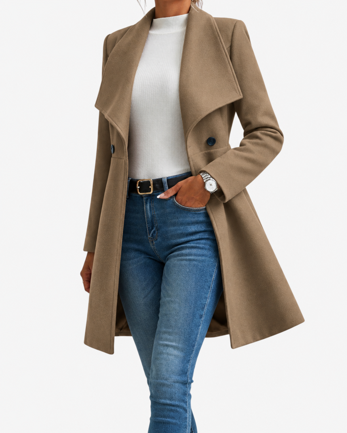 Women's Fitted Coat with Draped Collar and Flared Skirt, Brown, view 4
