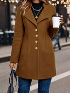 Women's Fitted Coat with Embossed Gold-Tone Buttons, Brown, view 1