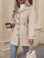 Women's Fitted Coat with Gold-Tone Buttons and Waist Detail, Apricot, view 4