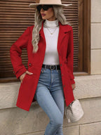 Women's Fitted Coat with Gold-Tone Buttons and Waist Detail, Red, view 5