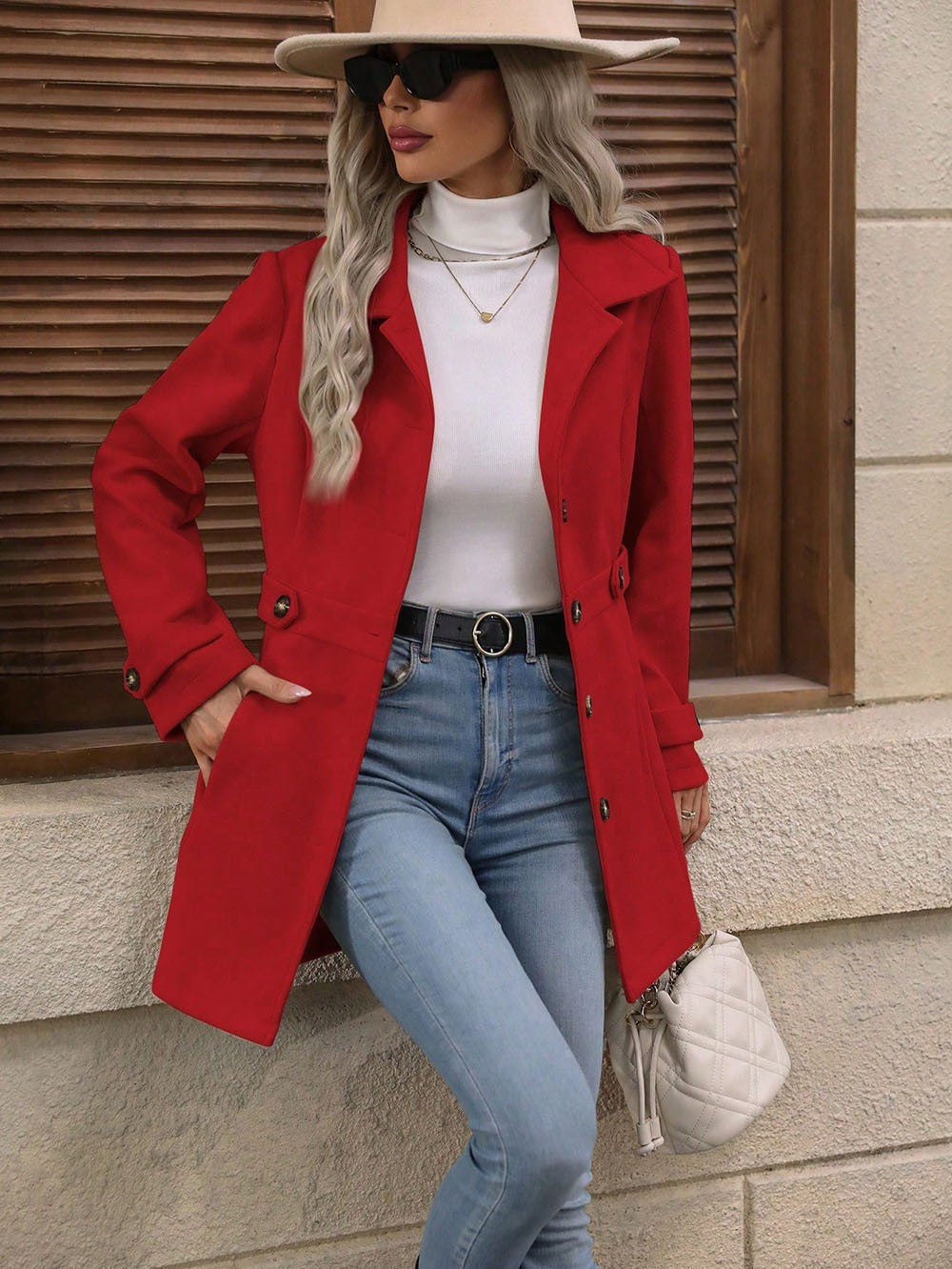 Women's Fitted Coat with Gold-Tone Buttons and Waist Detail, Red, view 5