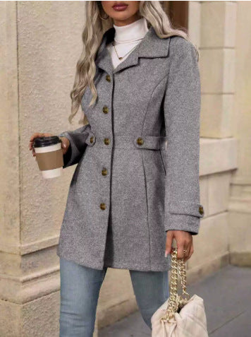 Women's Fitted Coat with Gold-Tone Buttons and Waist Detail, Dark Grey, view 6