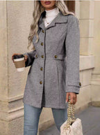 Women's Fitted Coat with Gold-Tone Buttons and Waist Detail, Dark Grey, view 6