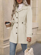 Women's Fitted Coat with Gold-Tone Buttons and Waist Detail, Beige, view 7