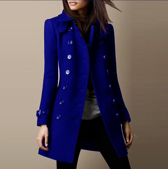 Women's Fitted Double-Breasted Coat with Buckled Cuffs, Dark Blue, view 1