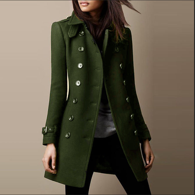 Women's Fitted Double-Breasted Coat with Buckled Cuffs, Olive Green, view 2