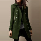Women's Fitted Double-Breasted Coat with Buckled Cuffs, Olive Green, view 2