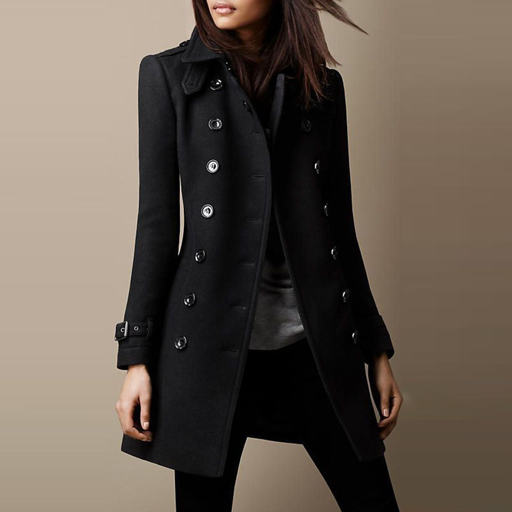 Women's Fitted Double-Breasted Coat with Buckled Cuffs, Black, view 3