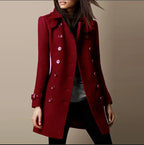 Women's Fitted Double-Breasted Coat with Buckled Cuffs, Wine Red, view 4