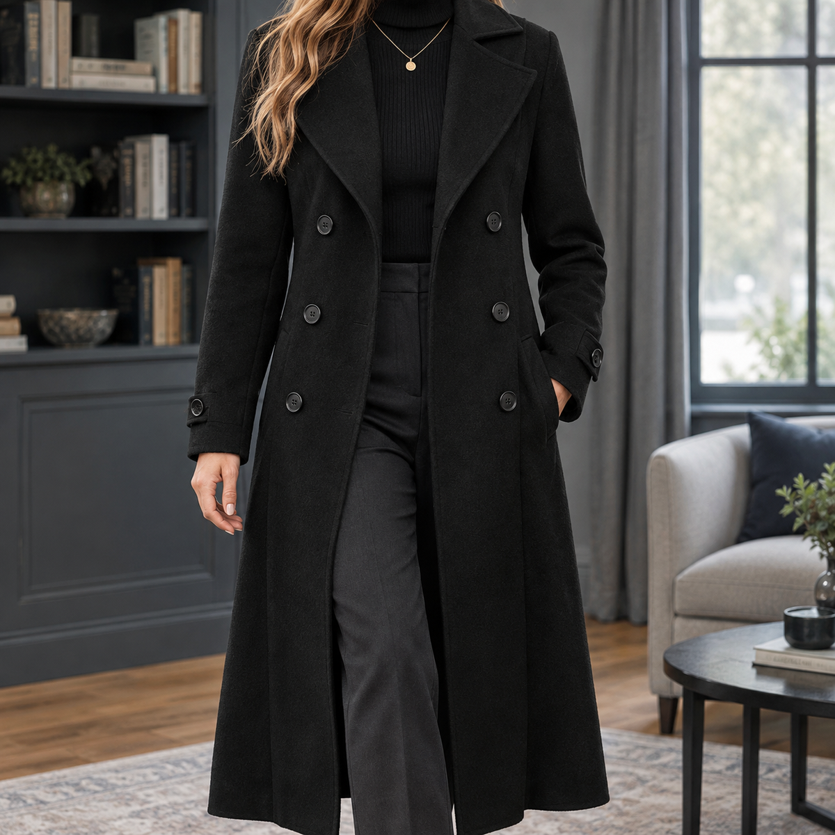Women's Fitted Double-Breasted Maxi Coat with Wide Lapels, Black, view 1