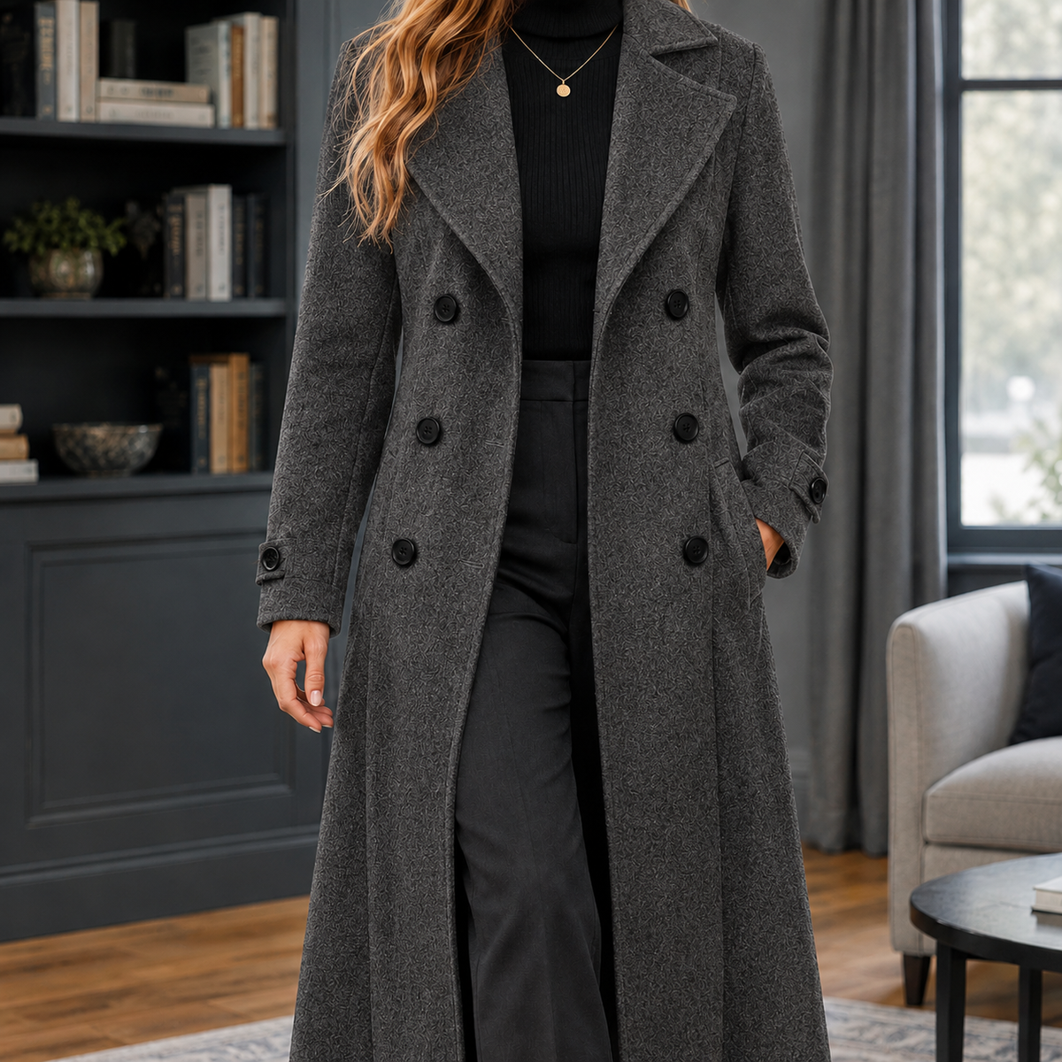 Women's Fitted Double-Breasted Maxi Coat with Wide Lapels, Dark Grey, view 2
