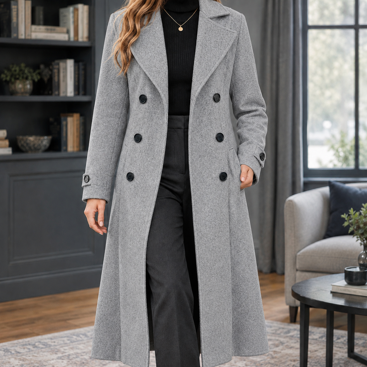 Women's Fitted Double-Breasted Maxi Coat with Wide Lapels, Light Grey, view 3