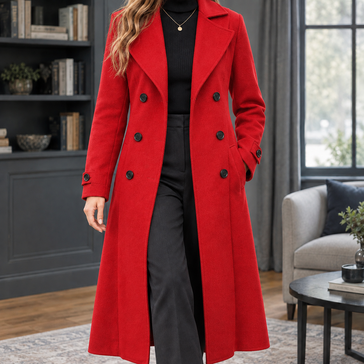 Women's Fitted Double-Breasted Maxi Coat with Wide Lapels, Red, view 4