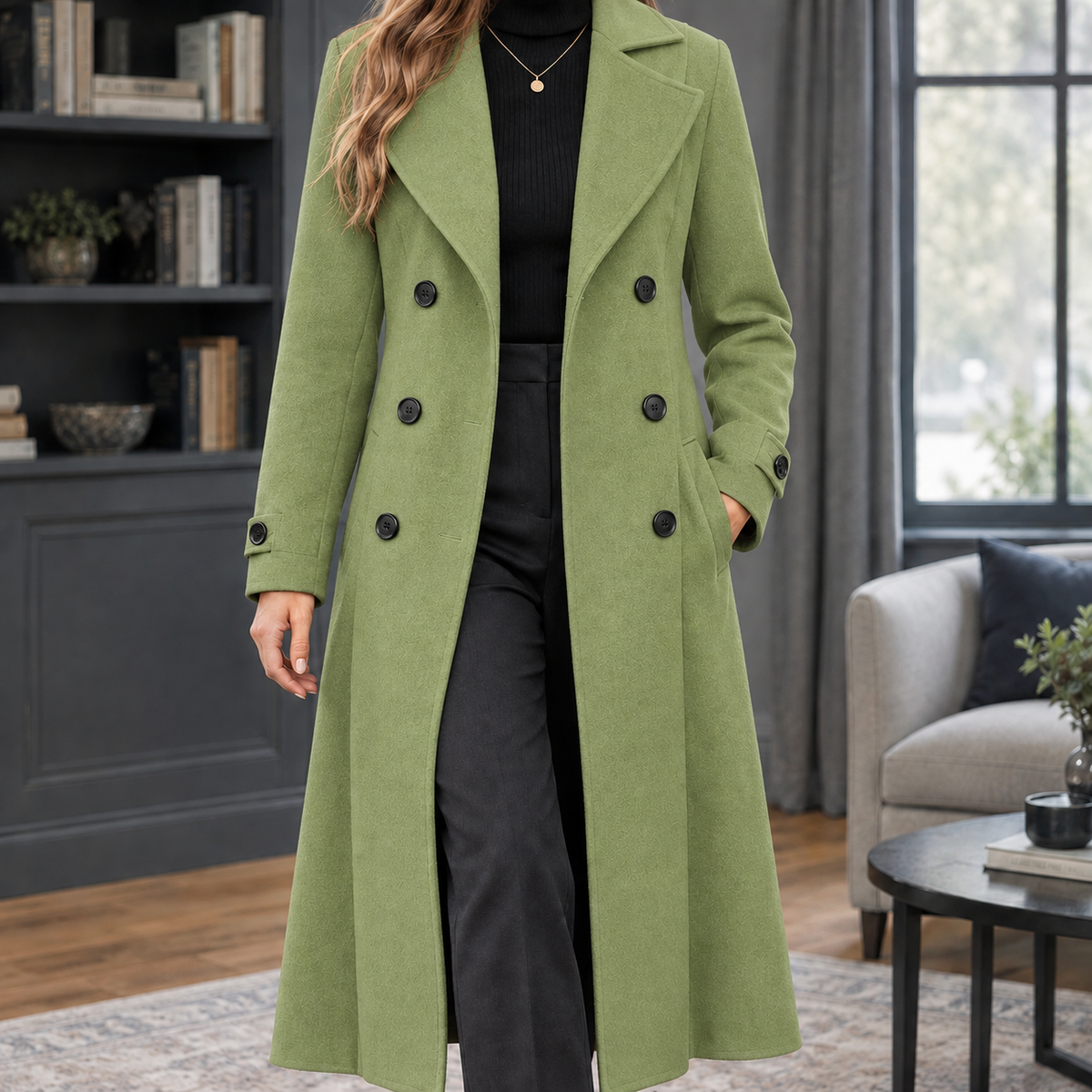 Women's Fitted Double-Breasted Maxi Coat with Wide Lapels, Green, view 5