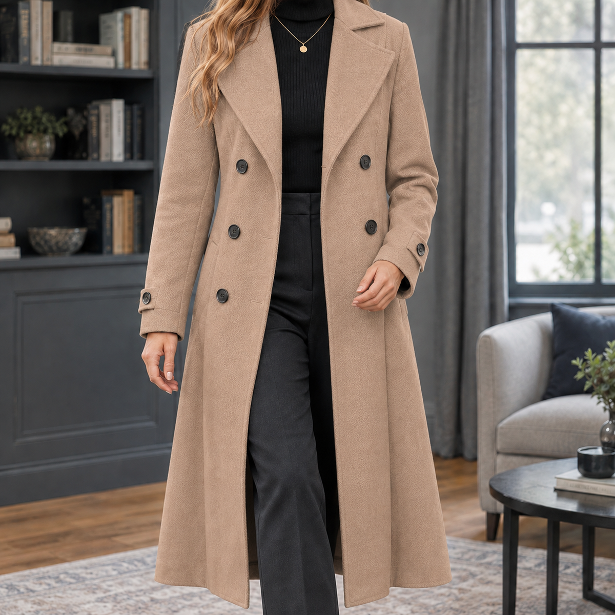 Women's Fitted Double-Breasted Maxi Coat with Wide Lapels, Khaki, view 6