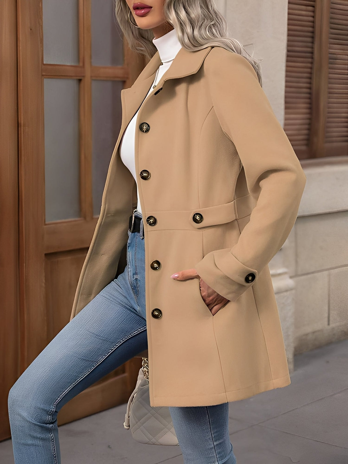Women's Fitted Double-Breasted Trench Coat with Gold-Tone Buttons, view 2