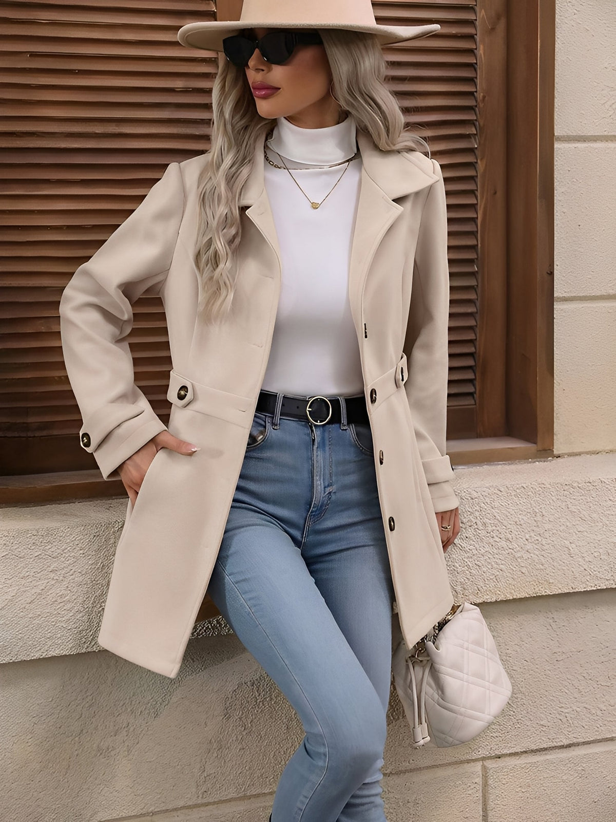 Women's Fitted Double-Breasted Trench Coat with Gold-Tone Buttons, Apricot, view 4