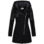 Women's Fitted Hooded Coat with Quilted Shoulder Panels, Black, view 1