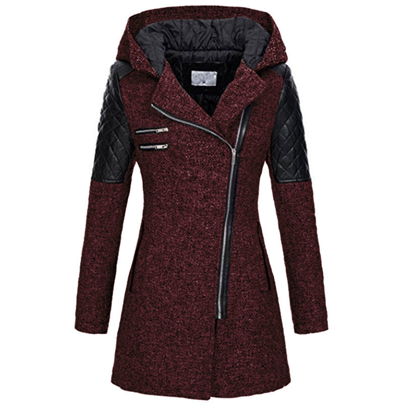 Women's Fitted Hooded Coat with Quilted Shoulder Panels, Deep Red, view 2