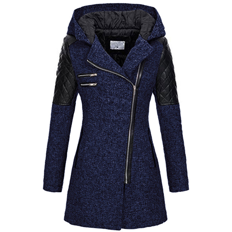 Women's Fitted Hooded Coat with Quilted Shoulder Panels, Dark Blue, view 3