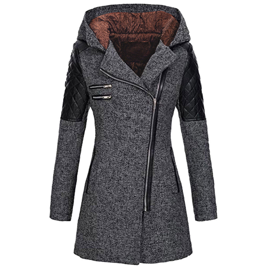 Women's Fitted Hooded Coat with Quilted Shoulder Panels, Dark Grey, view 4