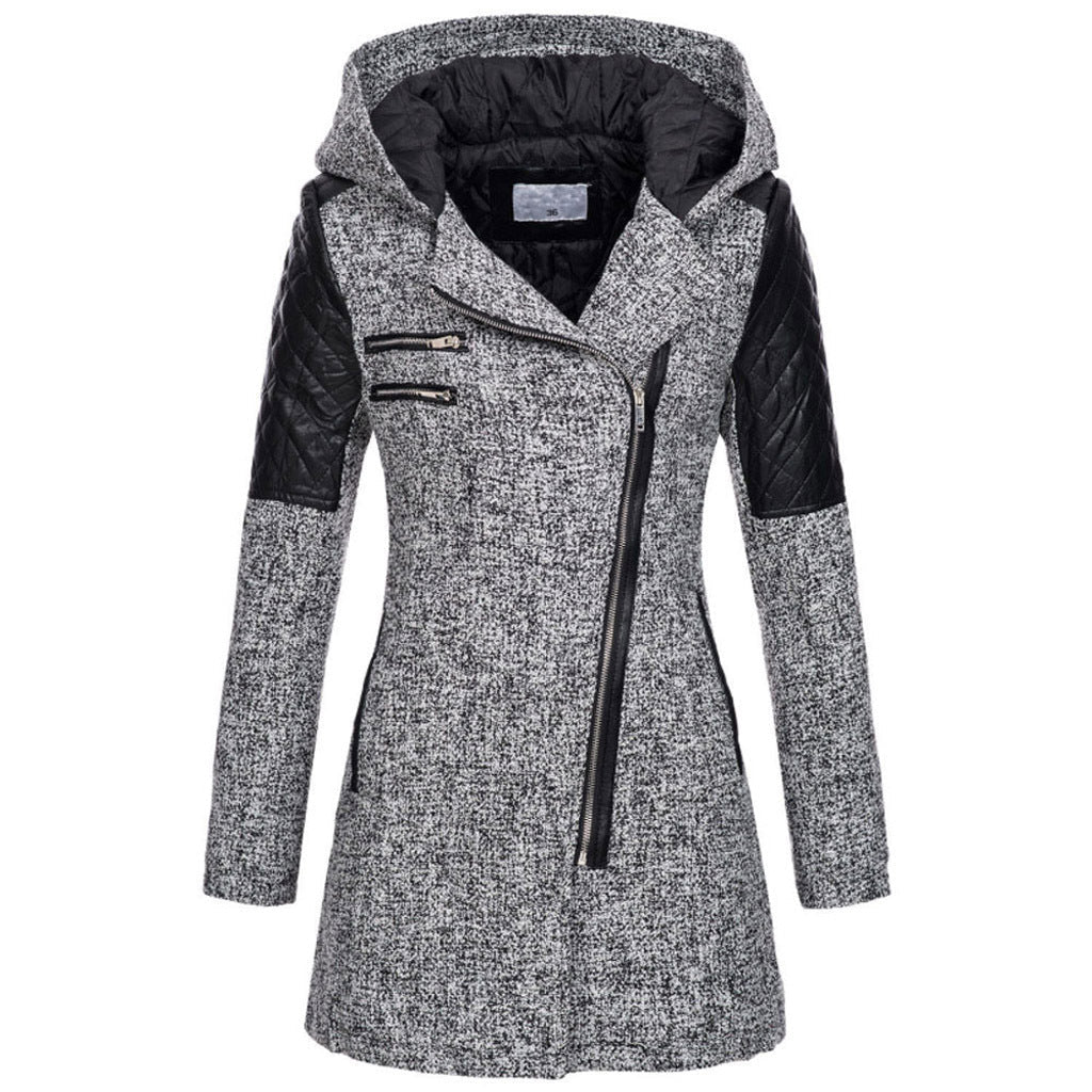 Women's Fitted Hooded Coat with Quilted Shoulder Panels, Light Grey, view 5