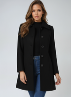 Women's Fitted Longline Coat with Wide Collar, Black, view 1