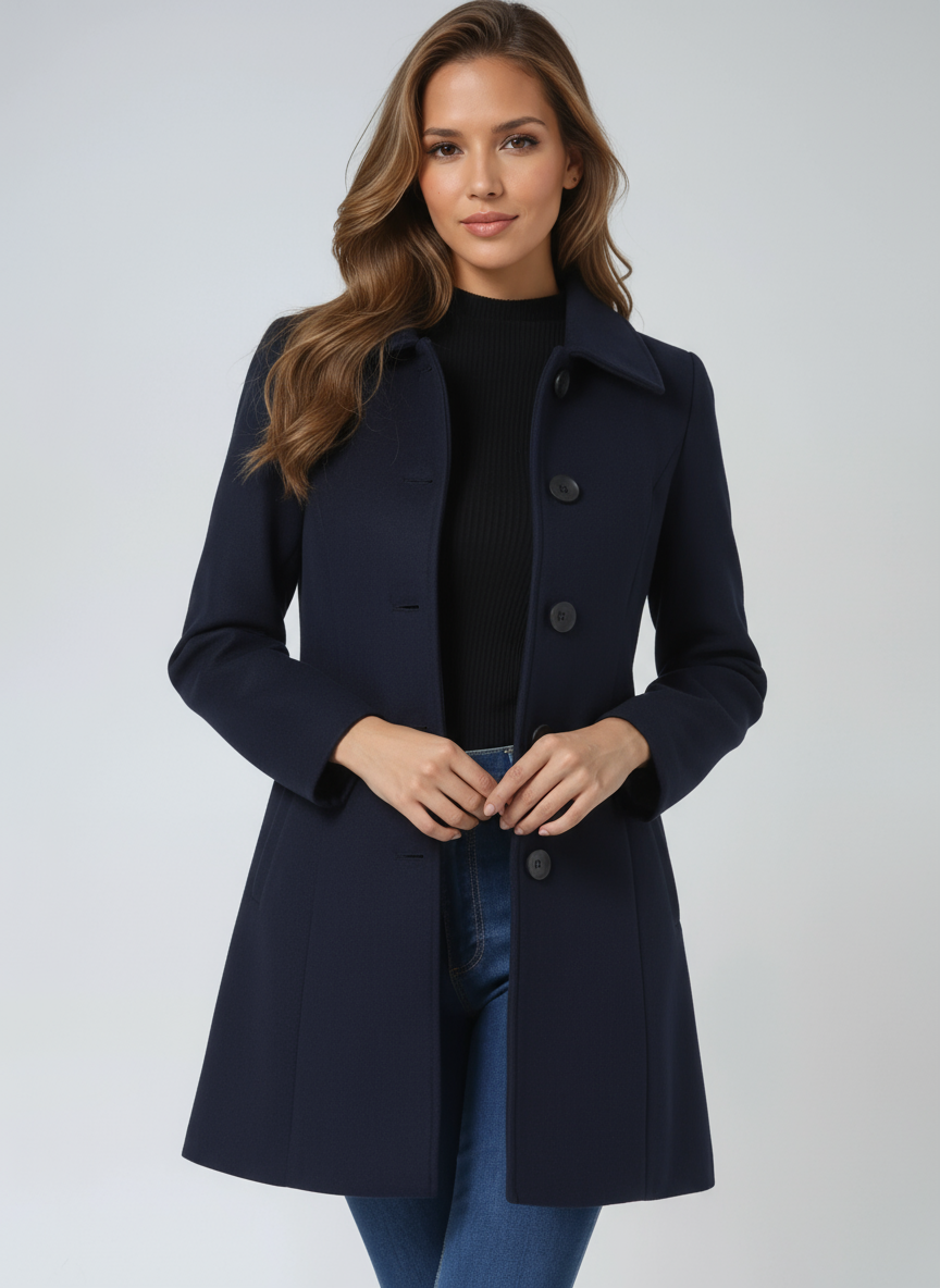 Women's Fitted Longline Coat with Wide Collar, Dark Blue, view 3