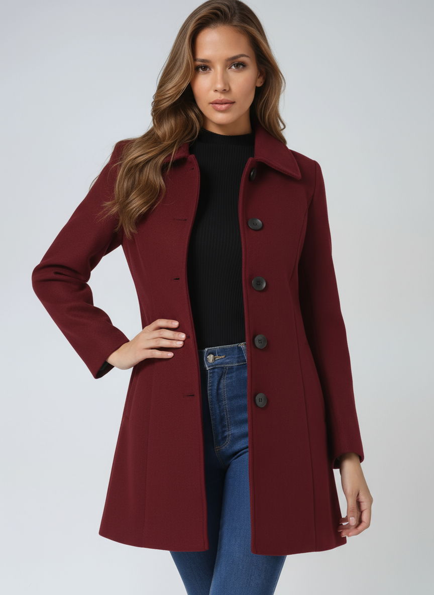 Women's Fitted Longline Coat with Wide Collar, Burgundy, view 4
