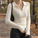 Women's Fitted Ribbed Jumper with Polo Collar and V-Neck, Cream, view 1
