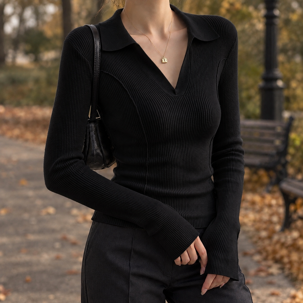 Women's Fitted Ribbed Jumper with Polo Collar and V-Neck, Black, view 2