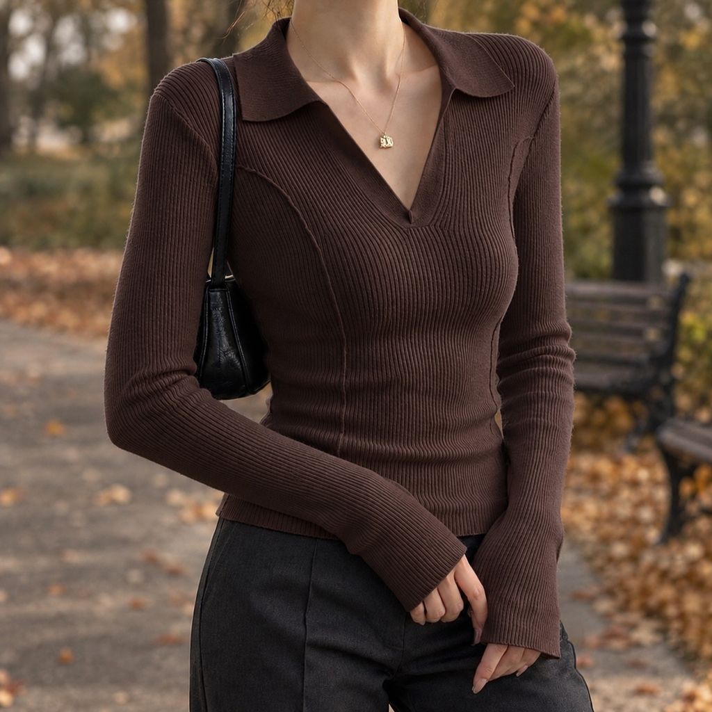 Women's Fitted Ribbed Jumper with Polo Collar and V-Neck, Coffee, view 3