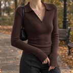 Women's Fitted Ribbed Jumper with Polo Collar and V-Neck, Coffee, view 3