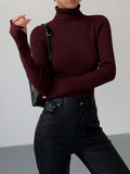 Women's Fitted Ribbed Turtleneck Jumper, Burgundy, view 1