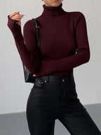 Women's Fitted Ribbed Turtleneck Jumper, Burgundy, view 1