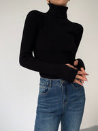 Women's Fitted Ribbed Turtleneck Jumper, Black, view 3