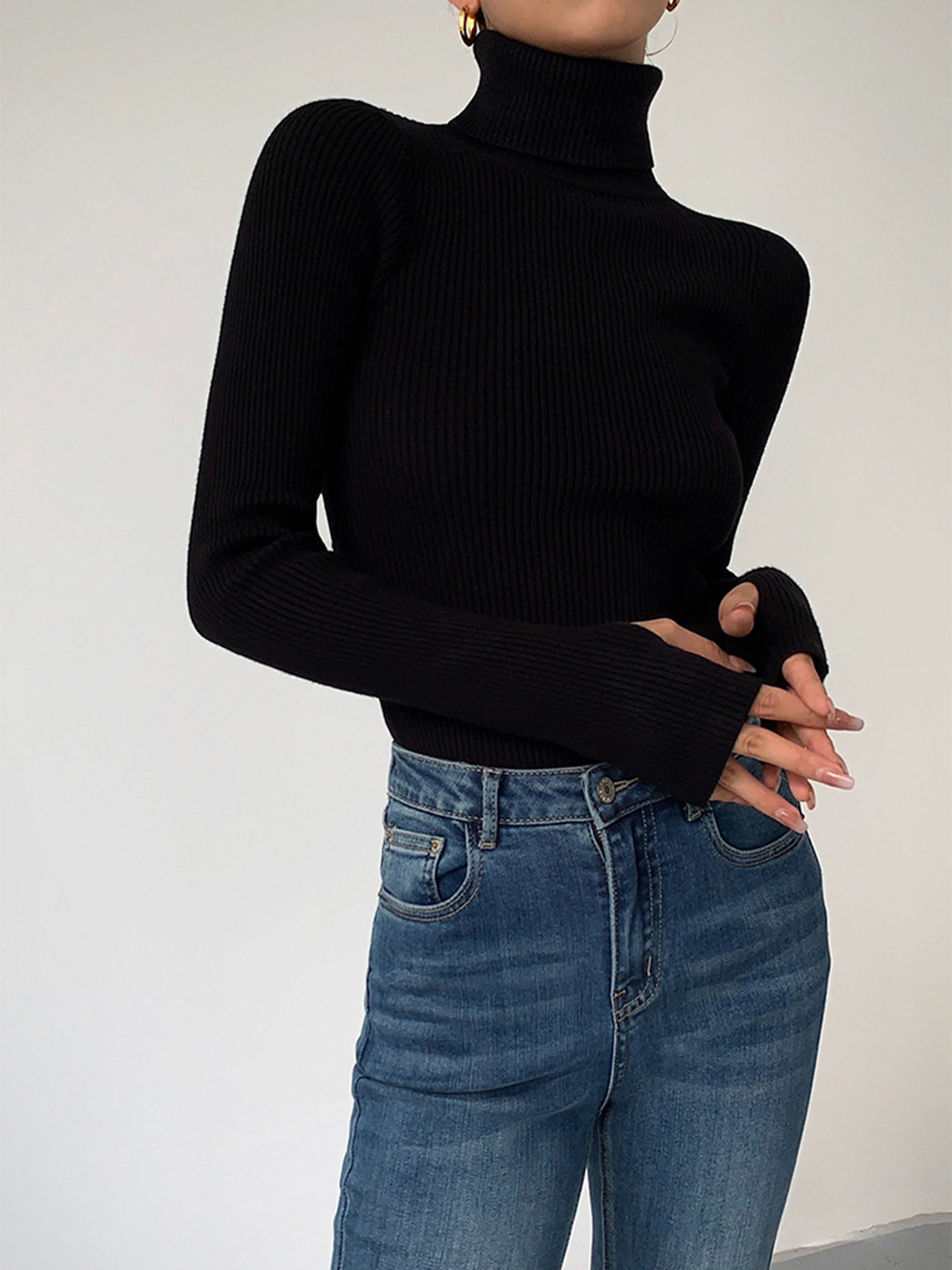 Women's Fitted Ribbed Turtleneck Jumper, Black, view 3