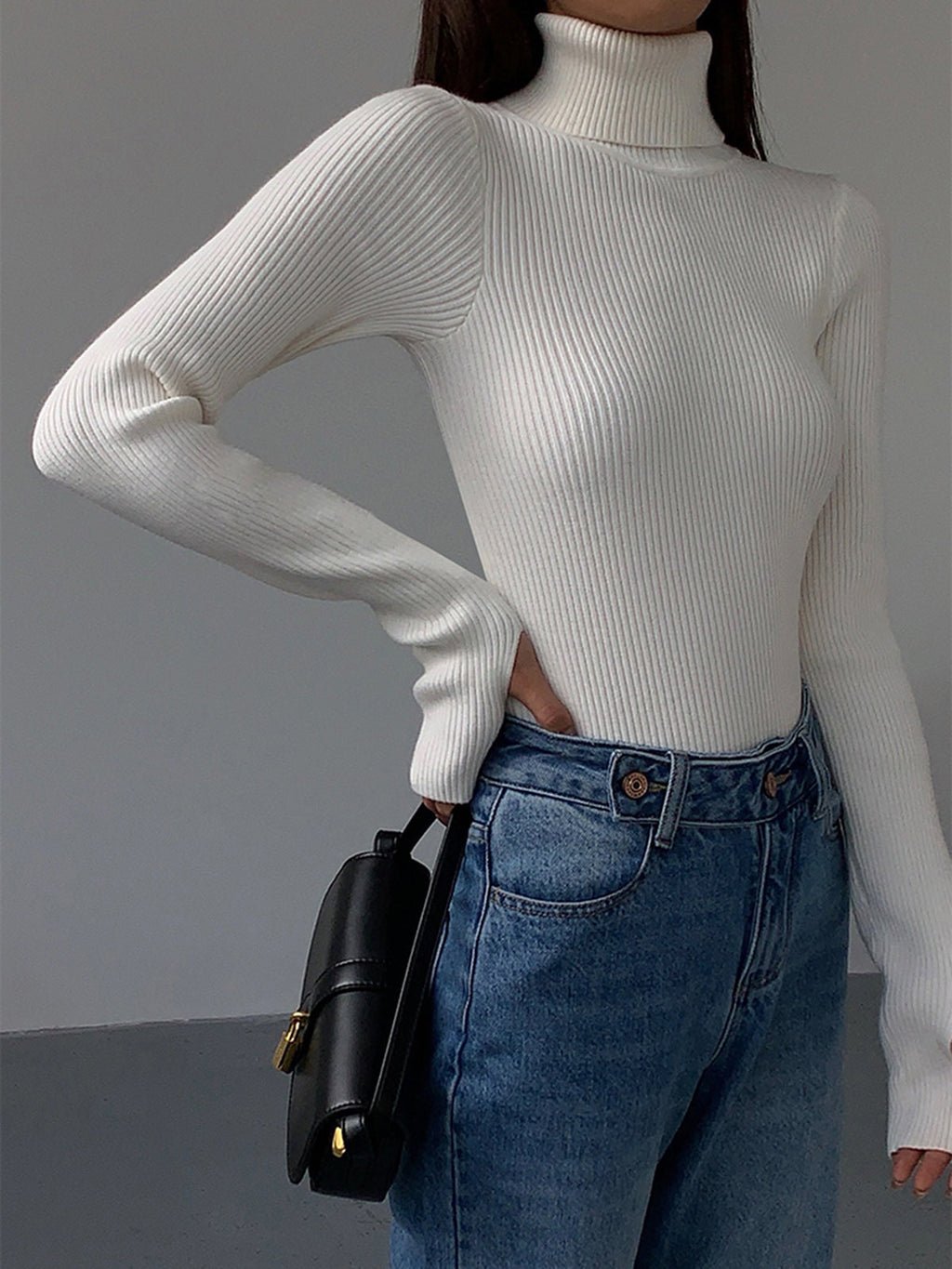 Women's Fitted Ribbed Turtleneck Jumper, White, view 5