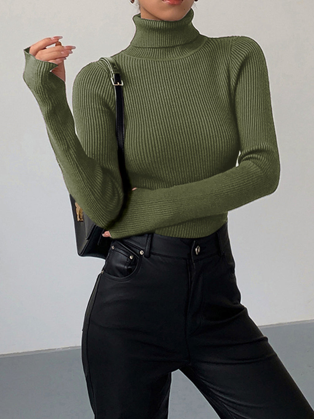 Women's Fitted Ribbed Turtleneck Jumper, Green, view 7