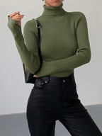 Women's Fitted Ribbed Turtleneck Jumper, Green, view 7