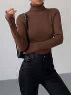Women's Fitted Ribbed Turtleneck Jumper, Brown, view 8