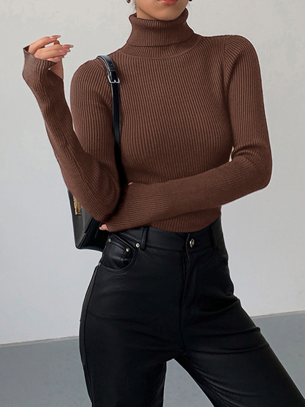 Women's Fitted Ribbed Turtleneck Jumper, Brown, view 8