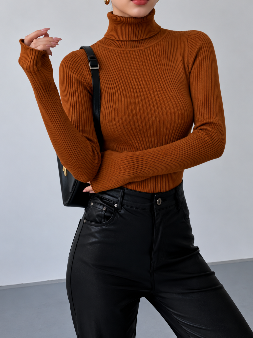 Women's Fitted Ribbed Turtleneck Jumper, Orange, view 9